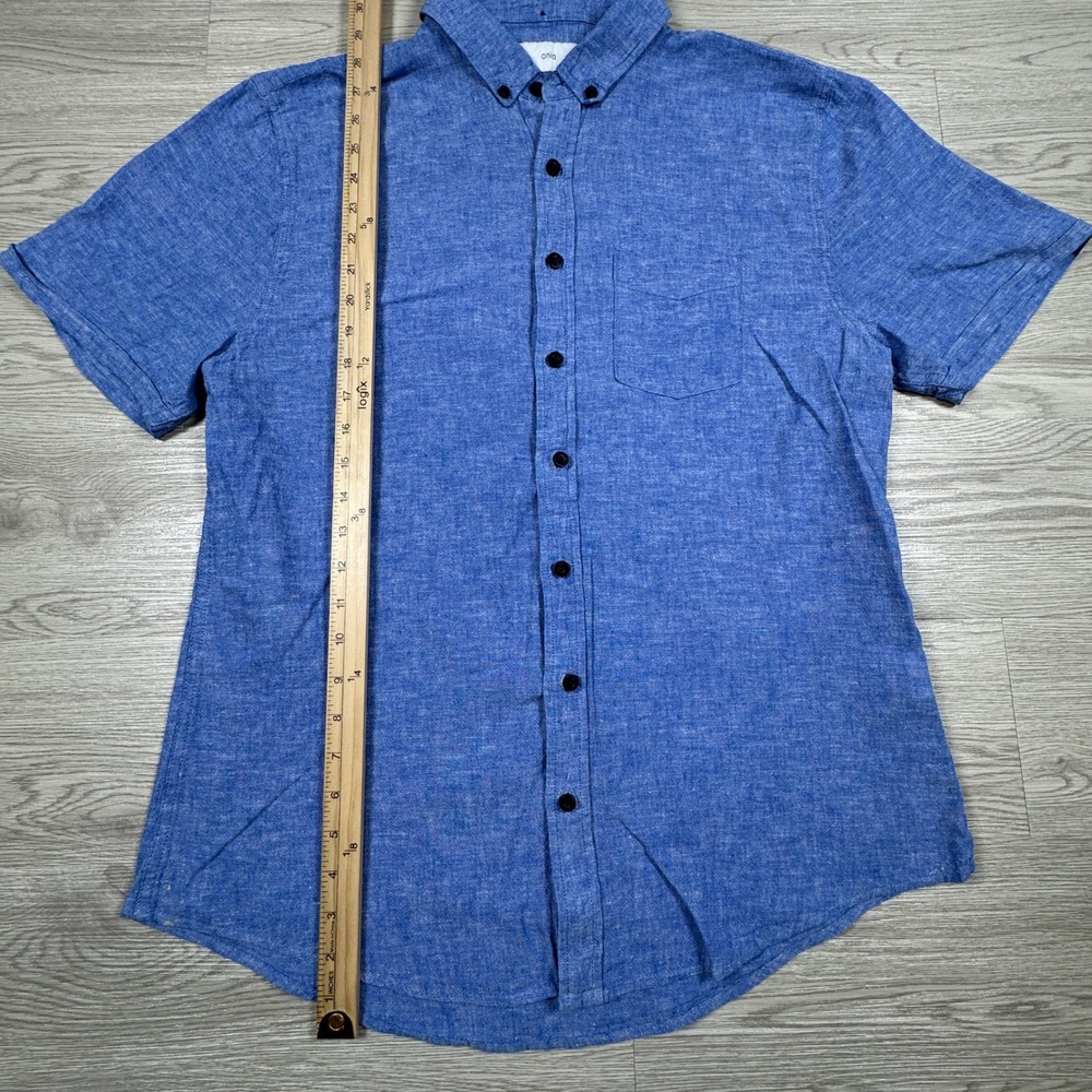 Onia Mens Button‎ Down Shirt Blue Linen Blend Short Sleeve Large Minimalist - Picture 2 of 6